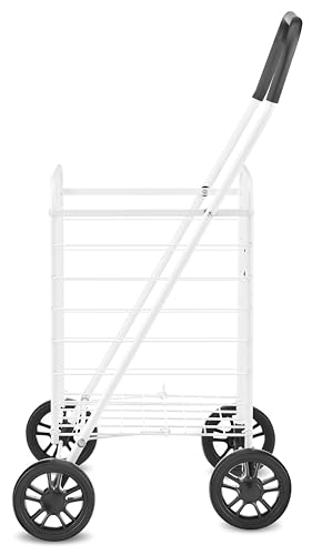 Whitmor Folding Utility Shopping Cart with Wheels, Heavy Duty Metal Grocery Cart, Portable Foam Handle, Rolling Collapsible Trolley for Groceries, Laundry, Storage, White - size: 19.5"L x 18.5"W x 34.5"H, White
