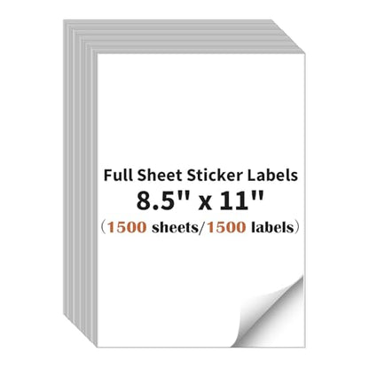Full Sheet Sticker Label, 8.5" x 11" Size (1500 Sheets, 1500 Labels) - size: 8.5" x 11", style: 1500 sheets
