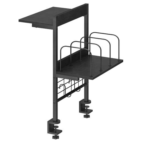 MAHANCRIS Clamp on Desk Shelf, 2 Tier Desk Storage Organizer, Desktop Bookshelf with Hooks and Divider, Desk Accessories for Study and Gaming Room, Black DSBK4501