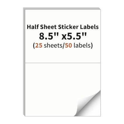 Half Sheet Labels, 2 per Sheet, 25 Sheets, 50 Labels - 8.5" x 5.5" - size: 8.5" x 5.5", style: 25 sheets