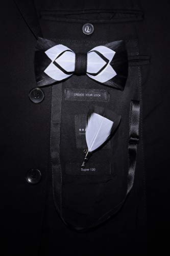 RBOCOTT Handmade Feather Pre-tied Bow tie and Brooch Sets for Men - color: Black/White1