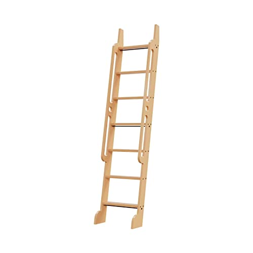 7 ft Rolling Library Ladder, Sturdy Wood Step and Build-in Handrail, Multi-use for Loft Stairs/Bookshelf, Red Oak (Total Length 86.7’’)