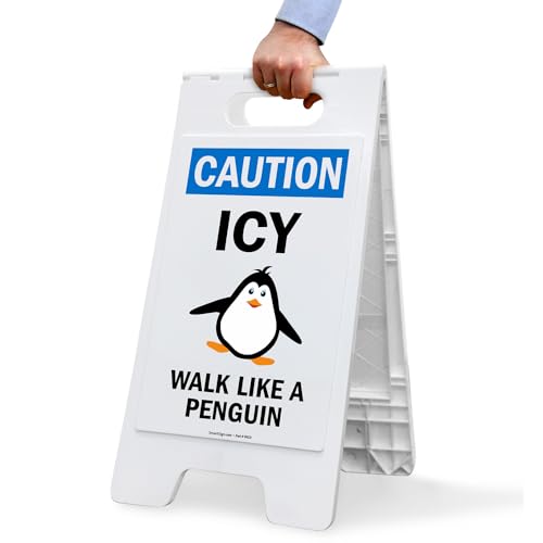 SmartSign 25 x 12 inch “Caution - ICY, Walk Like A Penguin” Two-Sided Folding Floor Sign, Digitally Printed Plastic, Blue, Black & White