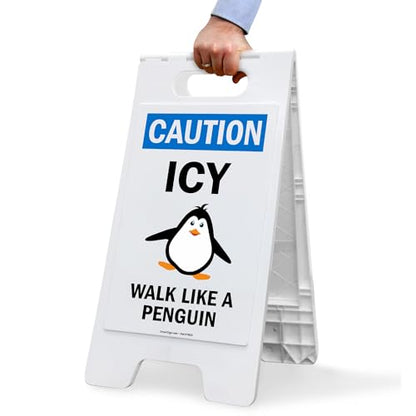 SmartSign 25 x 12 inch “Caution - ICY, Walk Like A Penguin” Two-Sided Folding Floor Sign, Digitally Printed Plastic, Blue, Black & White
