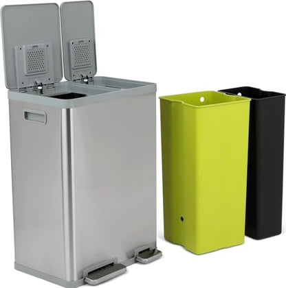 60 Liter / 16 Gallon Rectangular Hands-Free Dual Compartment Recycling Kitchen Step Trash Can with Soft-Close Lid, Brushed Stainless Steel (40L + 20L Capacity)