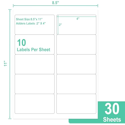 LLIKED 2"x4" Printable White Label Stickers 300 Labels 30 Sheets - size: 30 Sheets