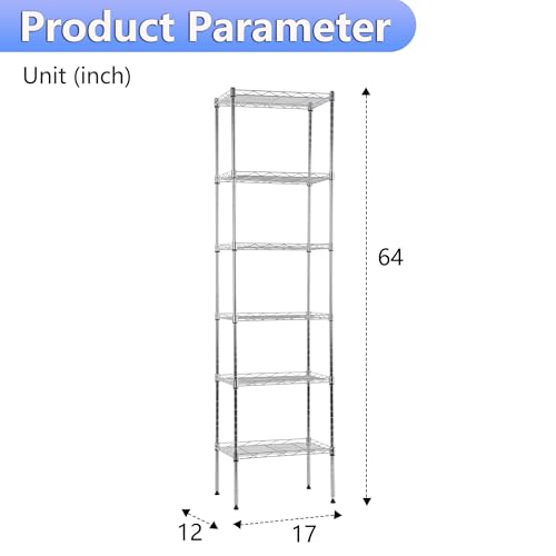 BestOffice | 6-Tier Wire Shelf | 17" x 12" x 64" | Chrome - color: Chrome, size: 17"D x 12"W x 64"H