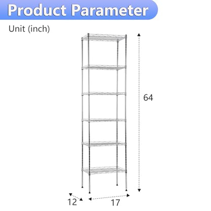 BestOffice | 6-Tier Wire Shelf | 17" x 12" x 64" | Chrome - color: Chrome, size: 17"D x 12"W x 64"H