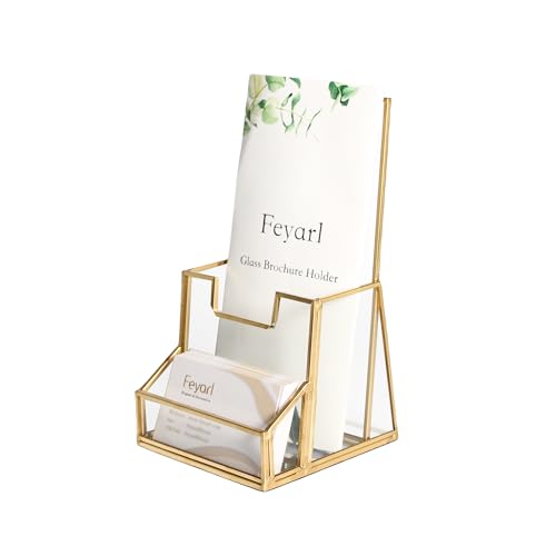 Feyarl Gold Glass Brochure Holder Pamphlets Cards Literature Holder Flyer for 4" Trifold Holder Glass Display Stand with Business Card Holder for Brochures Magazines Literatures Display Countertop