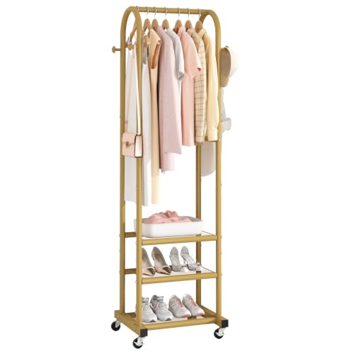 Kaitiemoo Clothing Rack, Mobile Garment Rack with Wheels & 3 Shelves, Gold - color: Gold