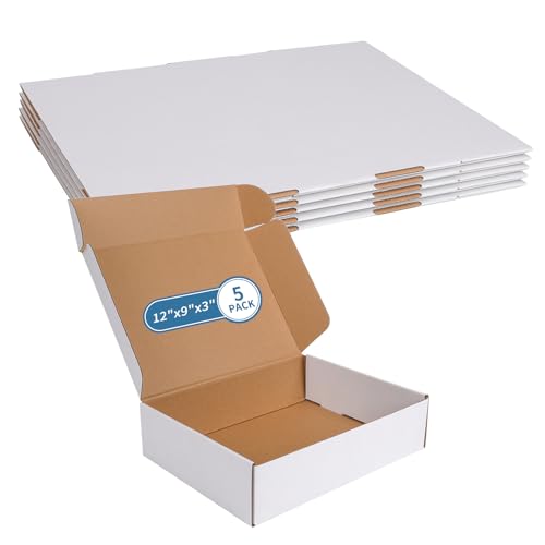 Fishat 12" x 9" x 3" White Corrugated Cardboard Shipping Boxes Set of 5 - size: 12" x 9" x 3"