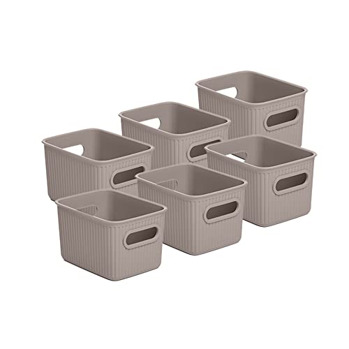 Decorative Plastic Basket Open Home Storage Bins Organizer Baskets, Small Taupe (6 Pack) Container Boxes for Organizing Closet Storage Bins for Shelves Drawer Shelf - Ribbed Collection 1.5 Liter - size: 1.5 Liter