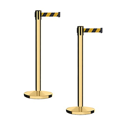CCW Retractable Belt Barrier Stanchions, Pair, Polished Brass Posts, 7.5 Ft - color: Black and Yellow Diagonal, size: 7.5 Foot