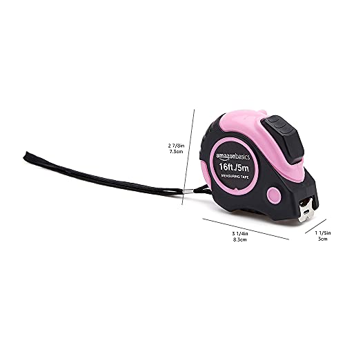 Amazon Basics Retractable Tape Measure with Metric and SAE Measurements, 16ft/5m, Belt Clip, Readable, Pink - color: Pink
