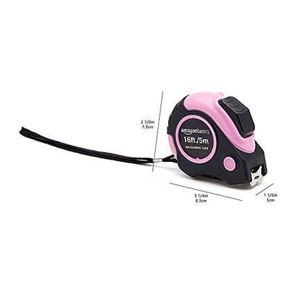 Amazon Basics Retractable Tape Measure with Metric and SAE Measurements, 16ft/5m, Belt Clip, Readable, Pink - color: Pink