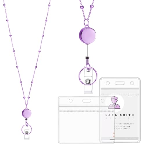 Stainless Steel Badge Lanyard with 2 Id Holders, Retractable, Purple - color: Purple