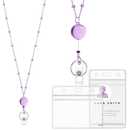 Stainless Steel Badge Lanyard with 2 Id Holders, Retractable, Purple - color: Purple