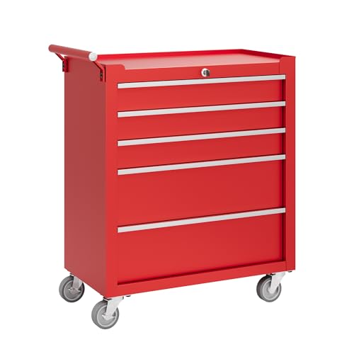 Garvee Rolling Tool Chest, 5 Drawers Tool Storage Cabinet, Toolbox with Wheels, Portable Tool Cabinet Organizer with Locking System & Drawer Liners, Tool Storage Cart for Garage, Workshop, Red - color: Red, size: 5 Drawers