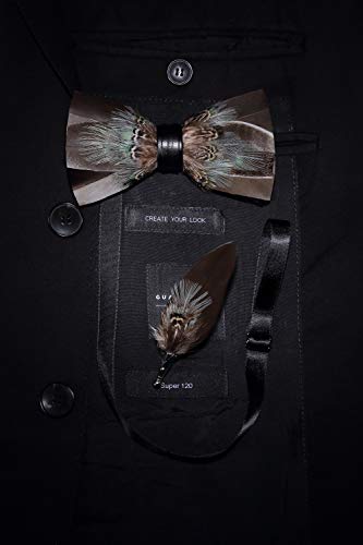 RBOCOTT Handmade Feather Pre-tied Bow tie and Brooch Sets for Men - color: Brown/Turqupise