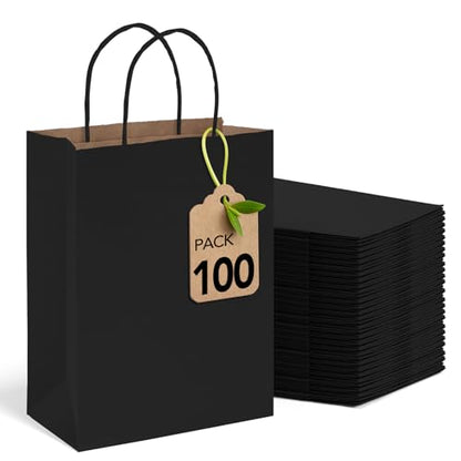 MESHA Black Paper Kraft Gift Bags with Handles 8x4.25x10.5 Inch 100 Pack - color: Black, size: 8x4.25x10.5 Inch (Pack of 100)