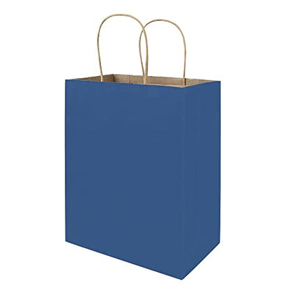 bagmad 100 Pack 8x4.75x10 Inch Medium Blue Gift Paper Bags with Handles Bulk, Kraft Bags, Craft Grocery Shopping Retail Party Favors Wedding Business Sacks (Blue, 100pcs) - color: Blue