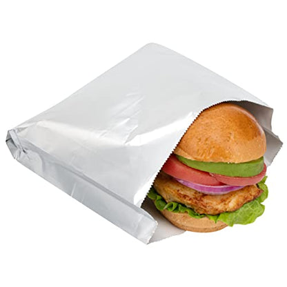 Restaurantware-Bag Tek 7.9 x 1.7 x 7.9 Inch Foil Lined Bags, 100 Greaseproof Foil Food Wrappers - Freezable, Non-Vented, Silver Paper Hot Sandwich Bags, Keeps Food Warm, For Hot And Cold Foods - size: 7.8"
