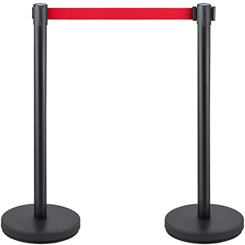 VEVOR Crowd Control Stanchion, Set of 6 Pieces Stanchion Set, Stanchion Set w/ 6.6 ft/2 m Red Retractable Belt, Crowd Control Barrier w/Rubber Base – Easy Connect Assembly for Crowd Control (Black) - color: Black & Red