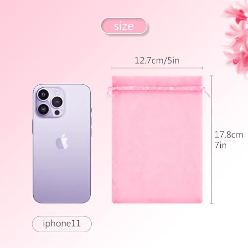FUNFERY 100Pcs Pink Organza Bags 5x7 in,Small Mesh Drawstring Gift Bag - color: Classic Pink
