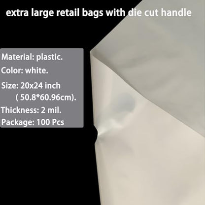 100 Pack 20" x 24"x 2 Mil Thick Large White Plastic Shopping Bags with Die Cut Handles