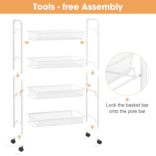 TOOLF 4 Tier Rolling Cart, Metal Utility Storage Cart with Wheels, White - color: White, size: 4-Tier