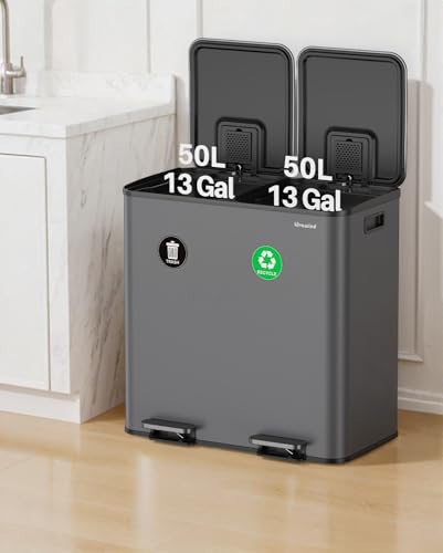 Dual Trash and Recycling Bins for Kitchen, 2×13 Gallon (2× 50L) Stainless Steel Trash and Recycle Bin Combo with Soft-Close Lid, Large Garbage Cans for Kitchen Home with 2 Magnets Sticker, Gray - color: Gray