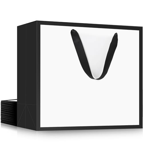 EUSOAR Paper Gift Bags with Handles, 12pcs 10.6"x3.1"x8.3" Gift Wrap Bags Bulk, Merchandise Business Craft Grocery Retail Wrapping Bags, Wedding Birthday Thank You Gift Treat Party Favor Bags - color: White/Black, size: 1 Count (Pack of 12)