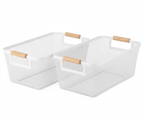 2-Pack Metal Mesh Basket, Large Wire Storage Organizer with Wood Handle for Kitchen Pantry, Bathroom, Cabinet, Closet, Picnic & Home Organization, Large, White - color: White, size: 2Pack-Large