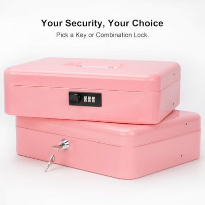 Jssmst Metal Cash Box with Money Tray and Lock, Portable Cash Drawer, 11.8" - color: Pink Key