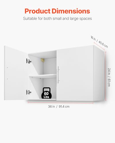 VEVOR Laundry Room Wall Cabinet, 2-Tier Wall Mounted Hanging Cabinet with Adjustable Shelf, 36 in Cupboard Storage with 2 Doors, for Kitchen, Bathroom, Laundry, 16 x 36 x 24 in (D x W x H), White - size: 36 Inch, style: 2 Doors
