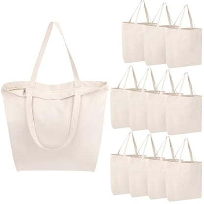 Segarty Canvas Bag with Zipper, 12 Pack 18x15 Blank Canvas Tote Bags for Women, Reusable Bags Aesthetic with Natural Cotton Cloth, Shoulder Strap, Bulk for DIY, Grocery, Beach, Travel，Gift - size: 18"x15"x4.7", style: Beige_12pcs