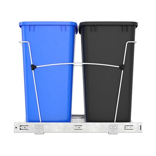 Rev-A-Shelf Double Pullout Garbage Trash Cans for Kitchen Cabinets, 35 Qt - color: Blue & Black