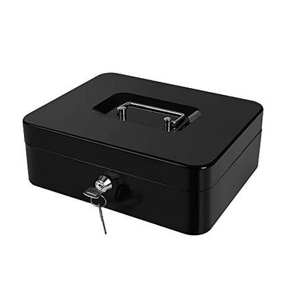 Cash Box with Money Tray and Lock, Metal Money Box for Cash Black + Pink