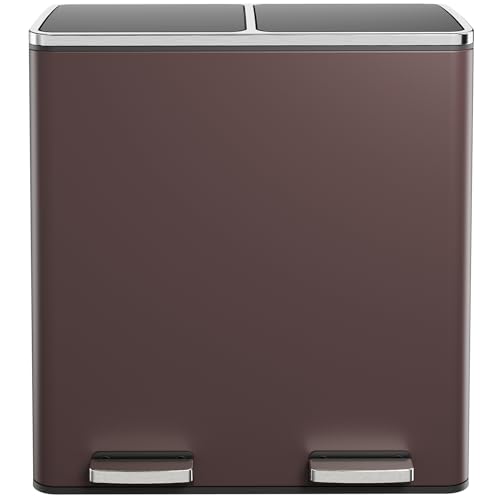60L(16 Gal) Dual Trash Can, Stainless Steel Kitchen Garbage Can, Double Compartment Classified Rubbish Bin, Recycle Dustbin w/Plastic Inner Buckets, Handle, Soft-Close Lid, Airtight, Brown - color: Brown