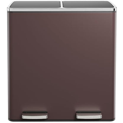 60L(16 Gal) Dual Trash Can, Stainless Steel Kitchen Garbage Can, Double Compartment Classified Rubbish Bin, Recycle Dustbin w/Plastic Inner Buckets, Handle, Soft-Close Lid, Airtight, Brown - color: Brown