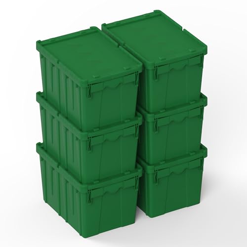 6 Pack Green Attached Lid Tote Box 22 x 16 x 13 Inch, Stackable Plastic Storage Container with Hinged Lids, Heavy Duty Nestable Moving and Shipping Bin for Warehouse, Garage, Kitchen and Logistics Use - color: Green