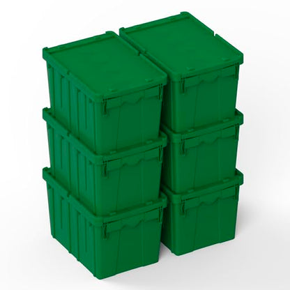 6 Pack Green Attached Lid Tote Box 22 x 16 x 13 Inch, Stackable Plastic Storage Container with Hinged Lids, Heavy Duty Nestable Moving and Shipping Bin for Warehouse, Garage, Kitchen and Logistics Use - color: Green