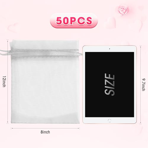 ANZNKU 50 Pcs Large Organza Bags 8x12, White Small Mesh Gift Bag Drawstring - color: White
