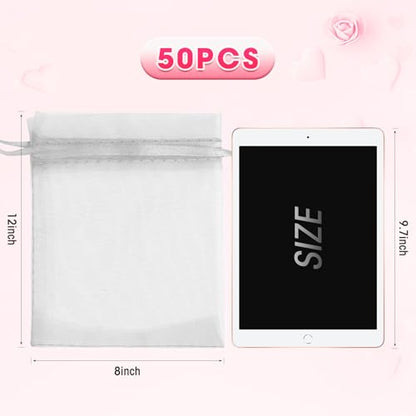 ANZNKU 50 Pcs Large Organza Bags 8x12, White Small Mesh Gift Bag Drawstring - color: White