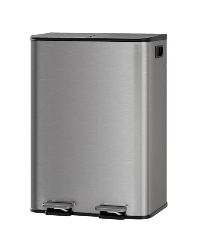 Garvee 2x8 Gal Dual Kitchen Trash Can Fingerprint-Proof Stainless Steel 2 Removable Inner Buckets Step Pedal Soft-Close Lid 60 L Double Compartment Garbage Can Recycling Bin Modern Kitchens Matte Grey - color: Matte Gray, size: 2 x 8 Gallon