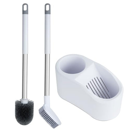 2-in-1 Toilet Brush and Holder Set with Flat Scrubber Brush,White,1Set