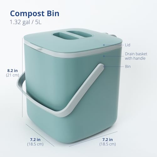 Blue Ginkgo Kitchen Compost Bin, 1.32 gal/5L Countertop Compost Bin, Green - color: Green, size: 1.32 gal / 5 L