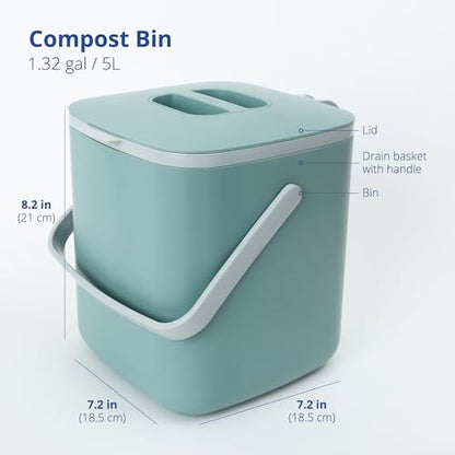 Blue Ginkgo Kitchen Compost Bin, 1.32 gal/5L Countertop Compost Bin, Green - color: Green, size: 1.32 gal / 5 L