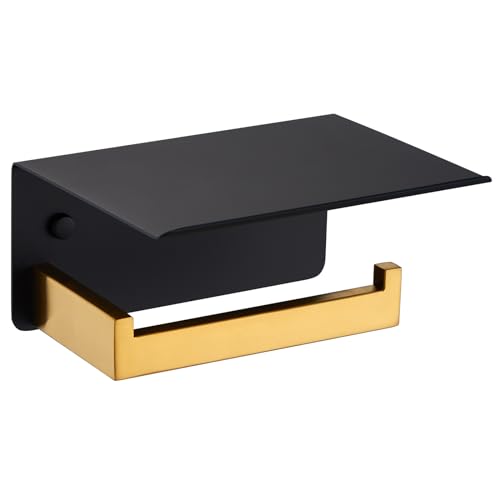 APLusee Black and Gold Toilet Paper Holder with Storage Shelf, Wall Mounted - color: Black With Gold, size: Single Rod