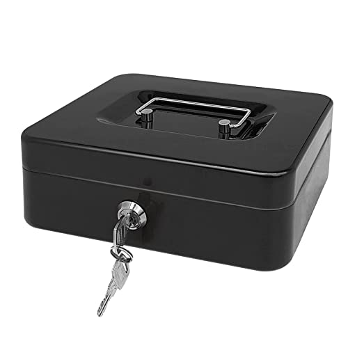 Steel Cash Box with Key Lock, Metal Small Money Organizer with Money Tray,Cash Storage Box with Lockable Cover (Black - 10 inch) - color: Black - 9.8" x 7.8" x 3.3"